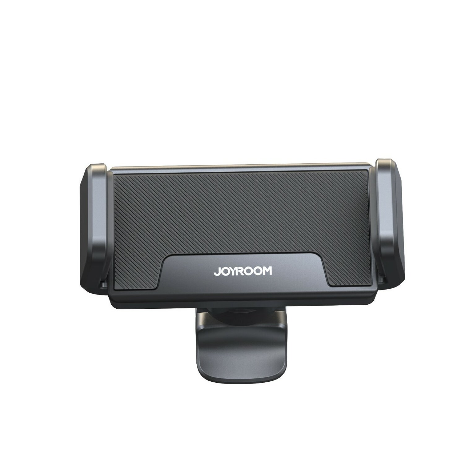 Czarny uchwyt samochodowy na telefon. Uchwyt ma teksturowaną powierzchnię i napis JOYROOM.