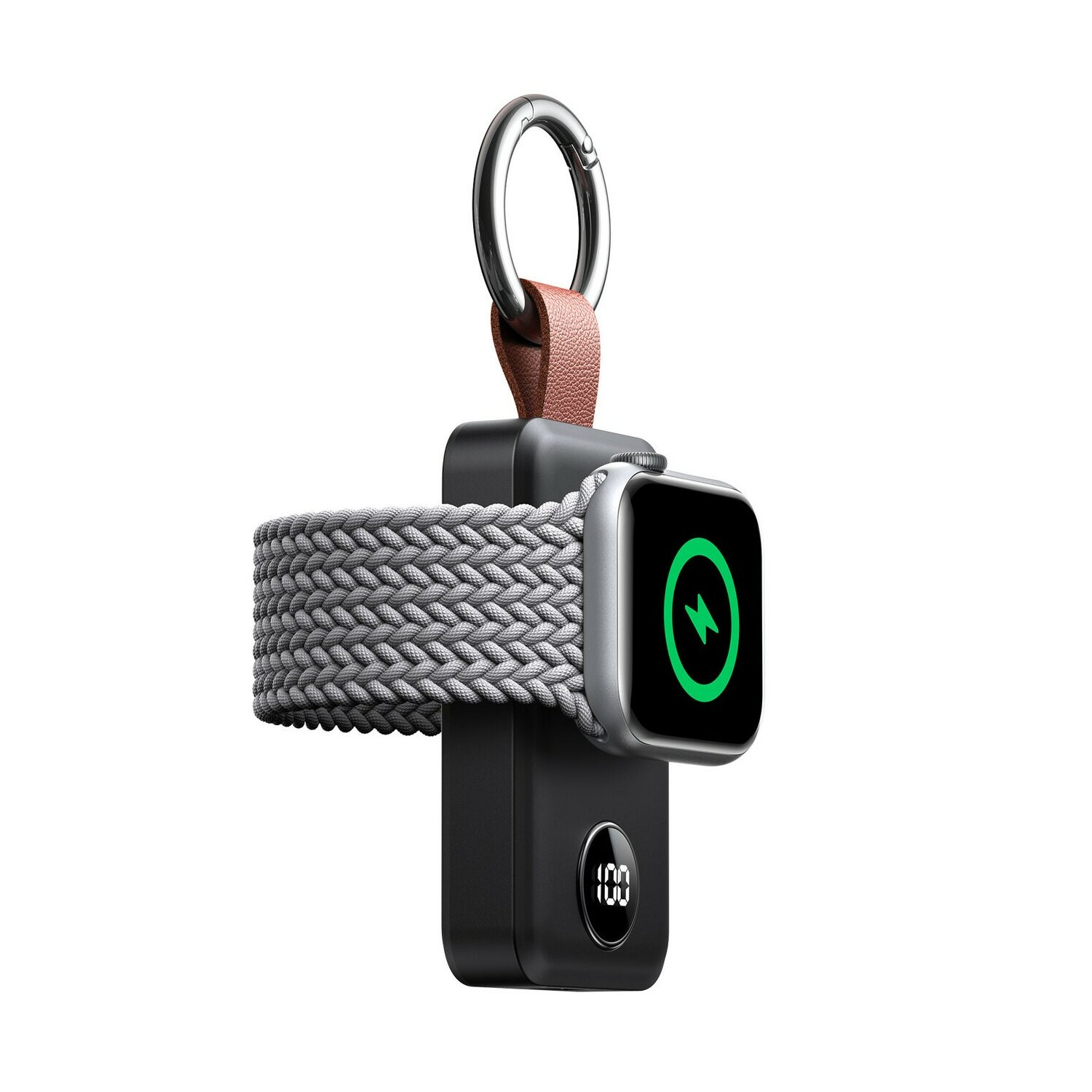 Ein schwarzes Ladegerät mit einer Apple Watch und einem grauen Armband.