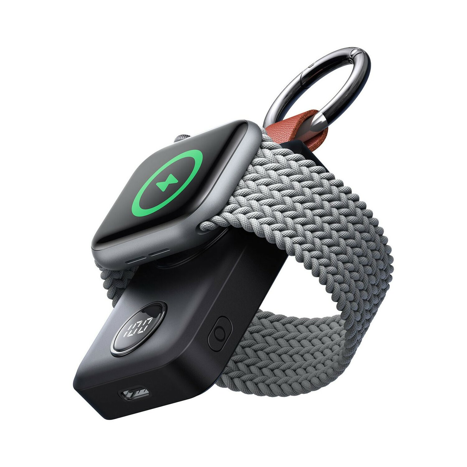 Schwarzes und graues tragbares Ladegerät mit Uhrenladegerät, grauem geflochtenem Armband und Digitalanzeige.