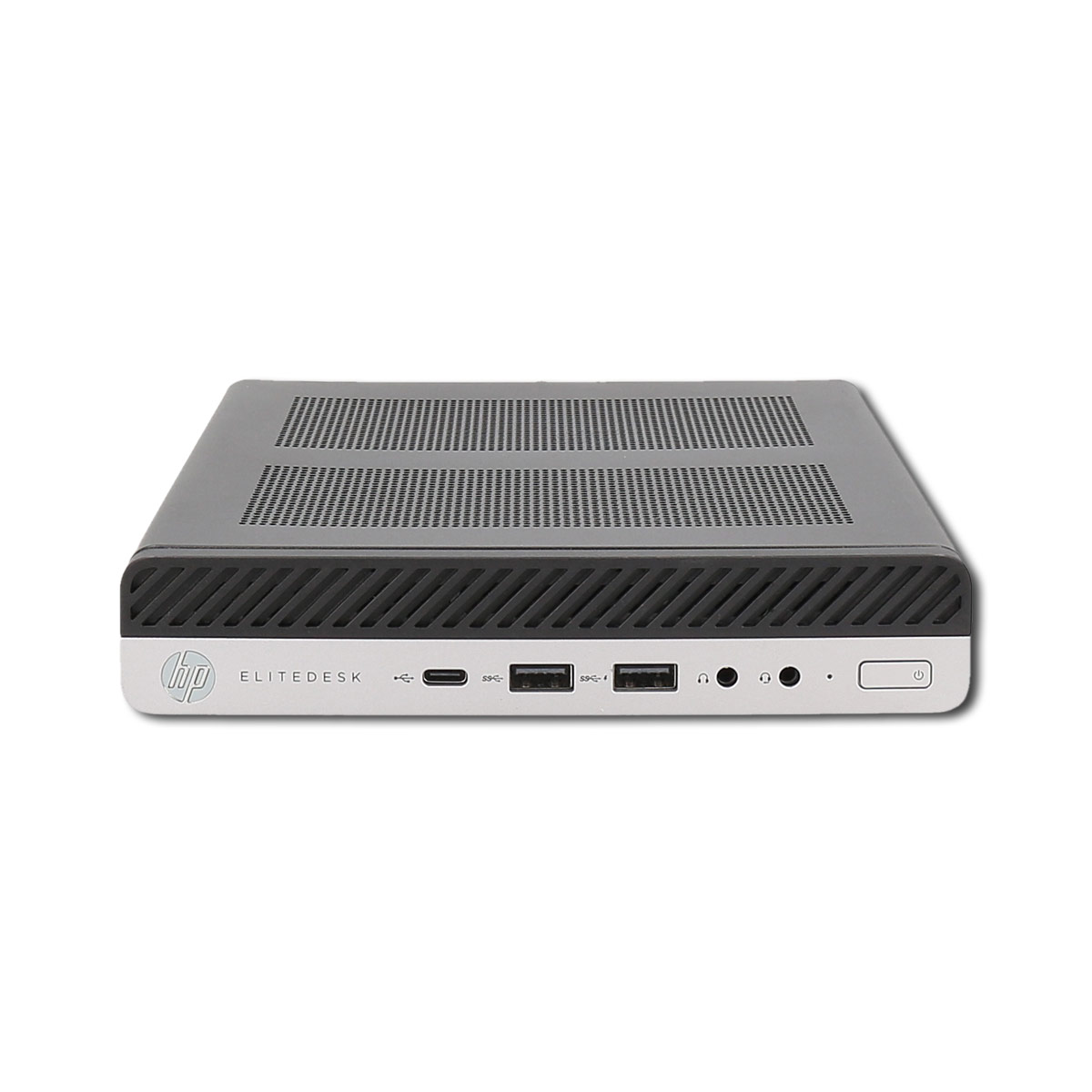 Kleiner schwarzer HP EliteDesk Computer auf weißem Hintergrund. Front hat Anschlüsse und Einschalter.