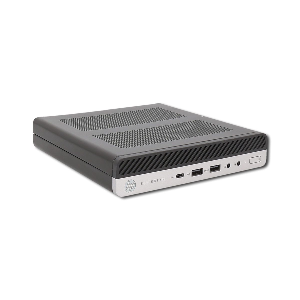 Ein kleiner schwarzer HP EliteDesk-Computer. Es ist ein kompaktes, rechteckiges Gerät mit Lüftungsschlitzen.
