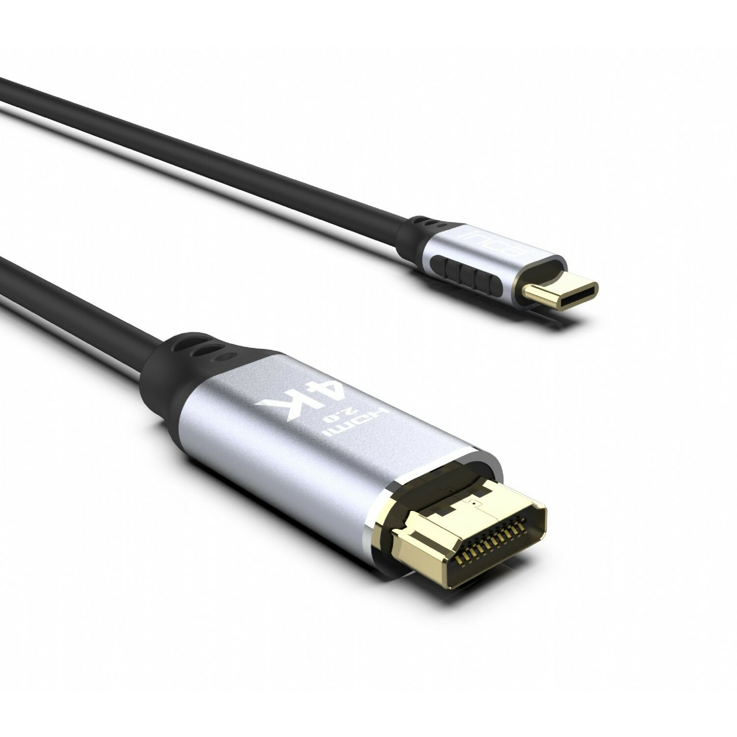 Ein schwarzes USB-C-zu-HDMI-Kabel mit Etiketten, die 4K und HDMI 2.0 anzeigen.