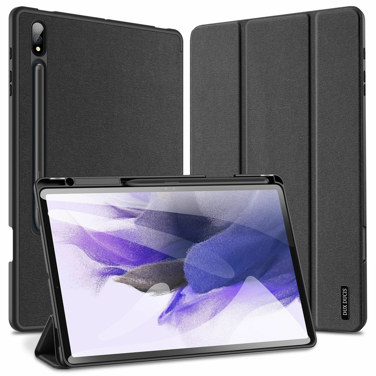 Ein schwarzes Tablet mit Stift und Hülle. Das Tablet befindet sich in einer Hülle, die aufgestellt ist. Weißer Hintergrund.
