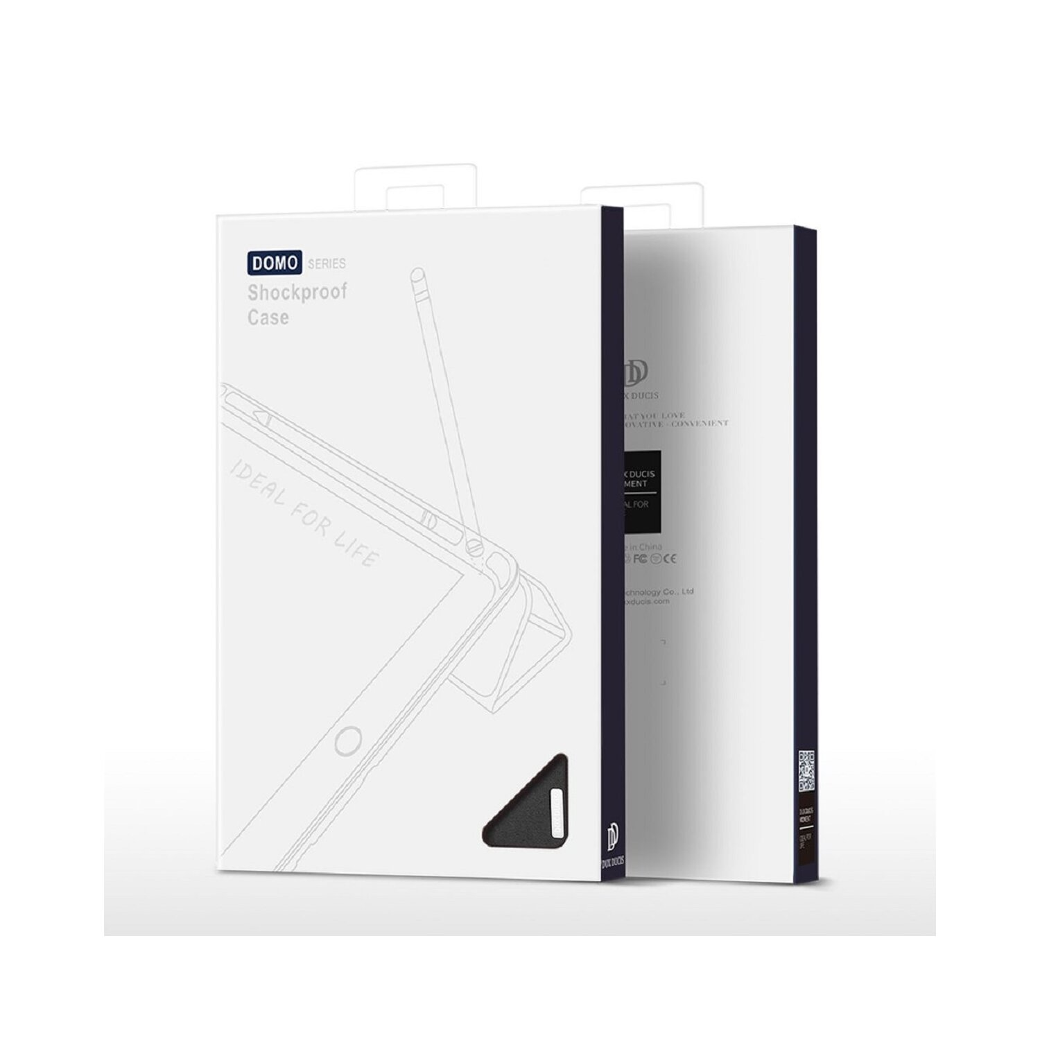 Weiße Box, die eine Tablet-Hülle mit Stift zeigt. Die Box zeigt ideal für das Leben. Die andere Seite hat einen Barcode.