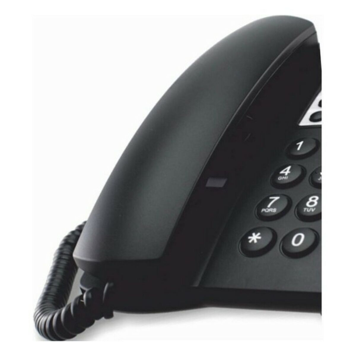 Ein schwarzes Telefon. Das Telefon hat Tasten und eine gebogene Form. Weißer Hintergrund.