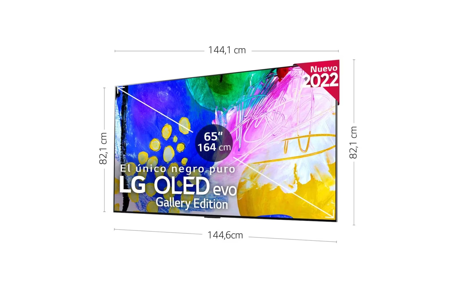 Großer LG OLED Evo Gallery Edition TV mit Abmessungen in Zentimetern. Der Hintergrund ist weiß.