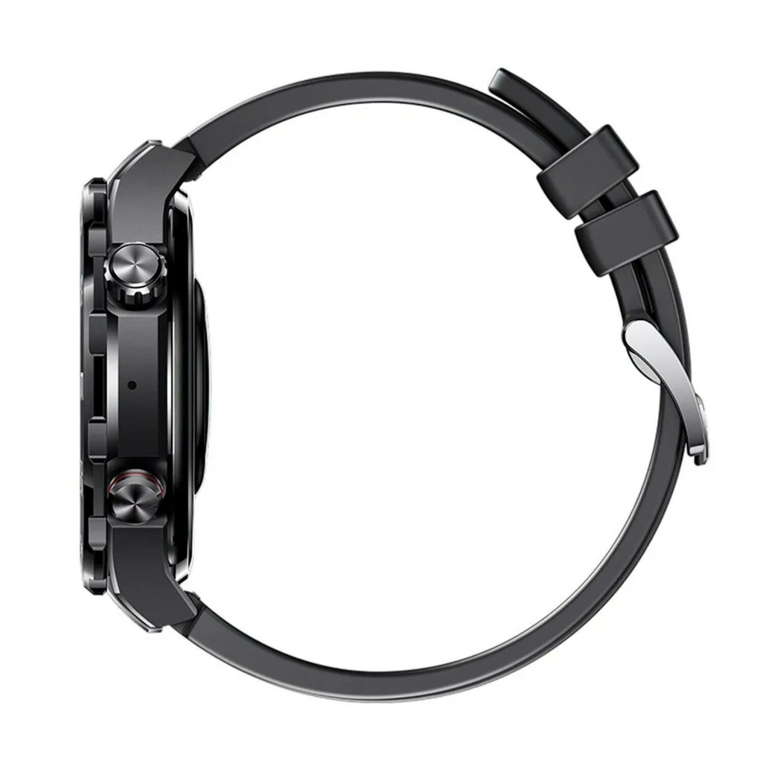 Seitenansicht einer schwarzen Smartwatch mit schwarzem Armband. Die Uhr hat zwei Knöpfe an der Seite und ein rundes Zifferblatt.