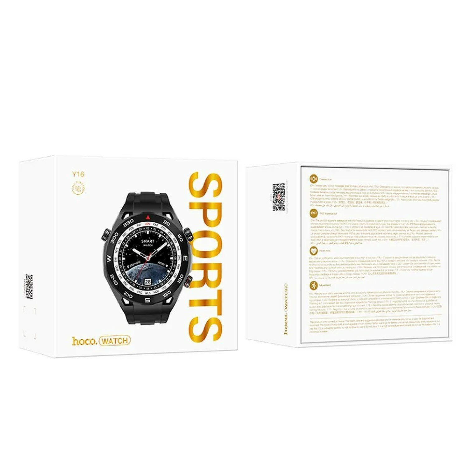 Smartwatch in der Box. Die Box zeigt die Uhr und das Wort SPORTS.
