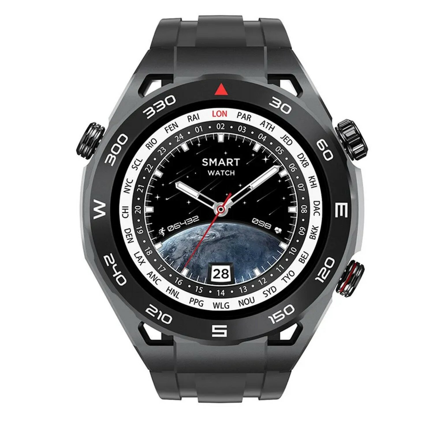 Eine schwarze Smartwatch mit rundem Zifferblatt, das eine Weltkarte und andere Informationen anzeigt.