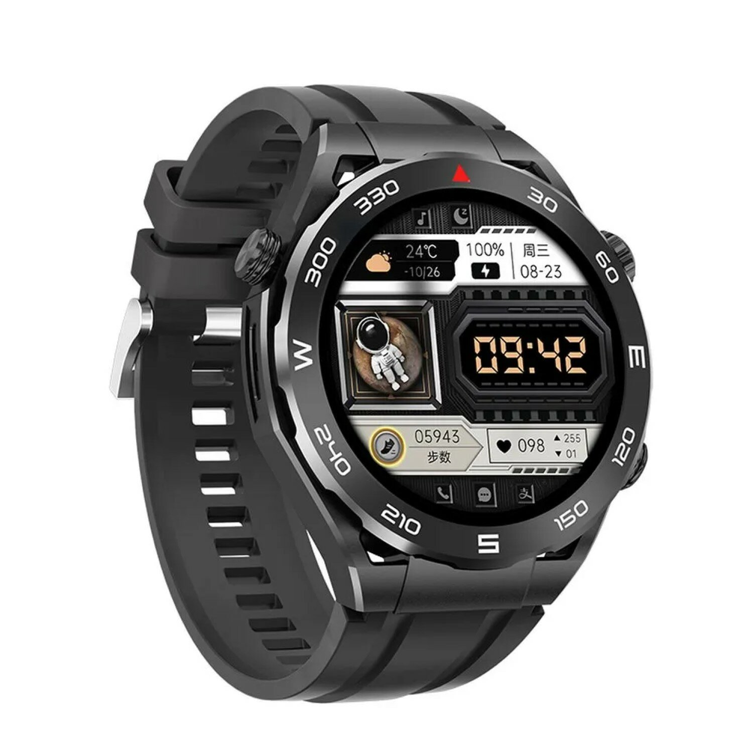 Eine schwarze Smartwatch. Sie hat ein schwarzes Armband und eine digitale Anzeige, die die Zeit und Statistiken anzeigt.