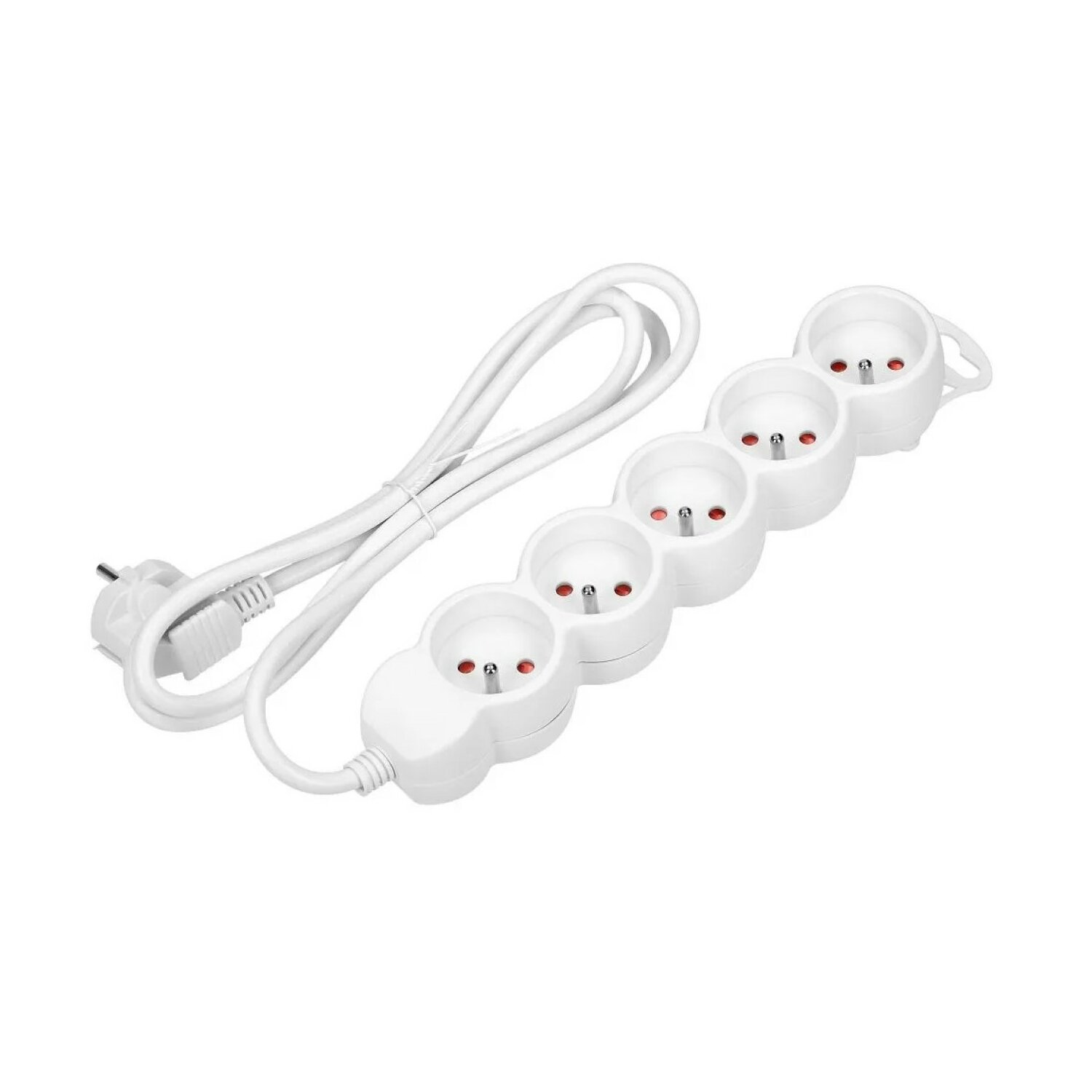 Weiße Steckdosenleiste mit fünf Steckdosen. Mit weißem Kabel und Stecker.