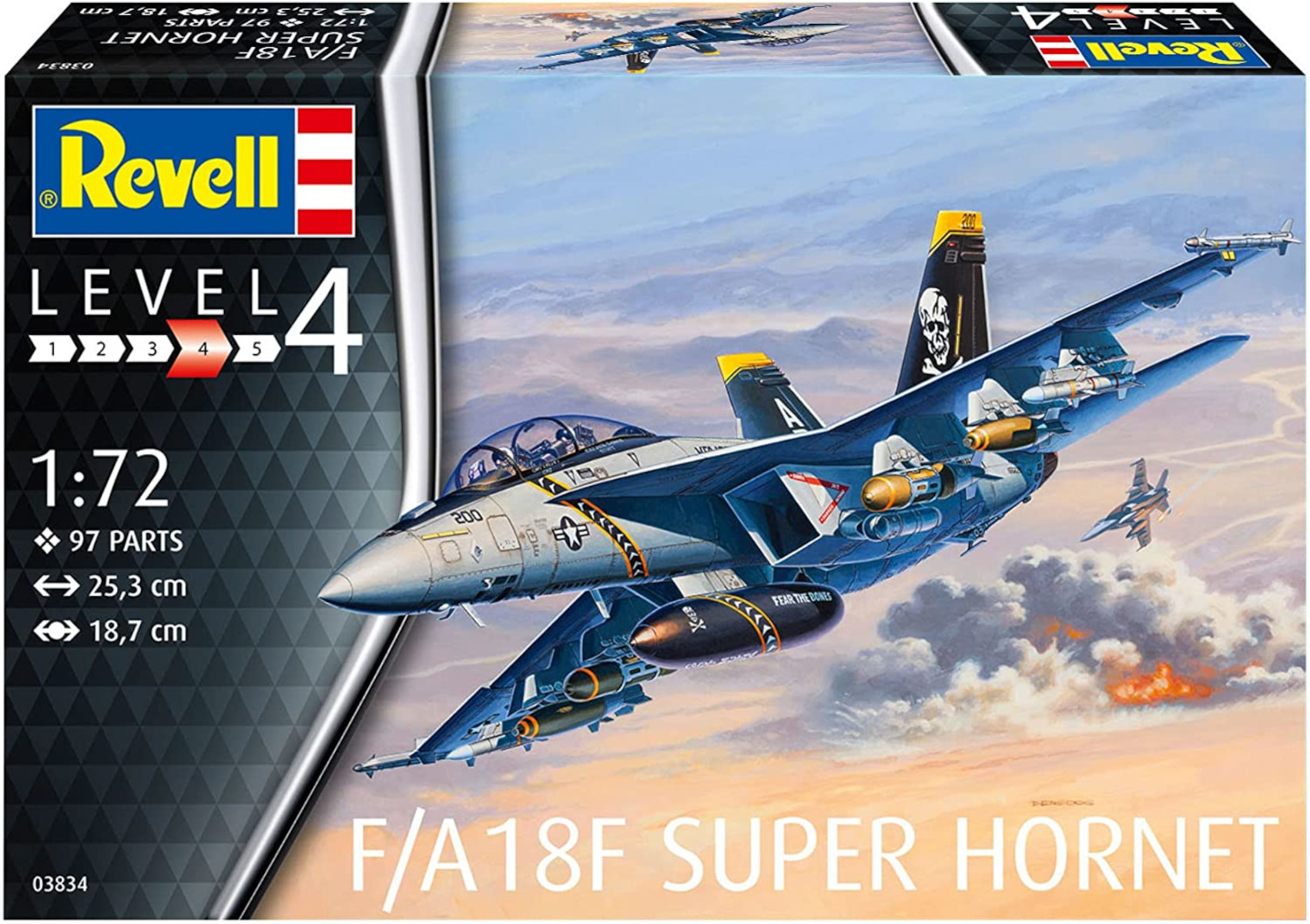 Scatola modello aereo con un jet, livello 4, F/A-18F Super Hornet.