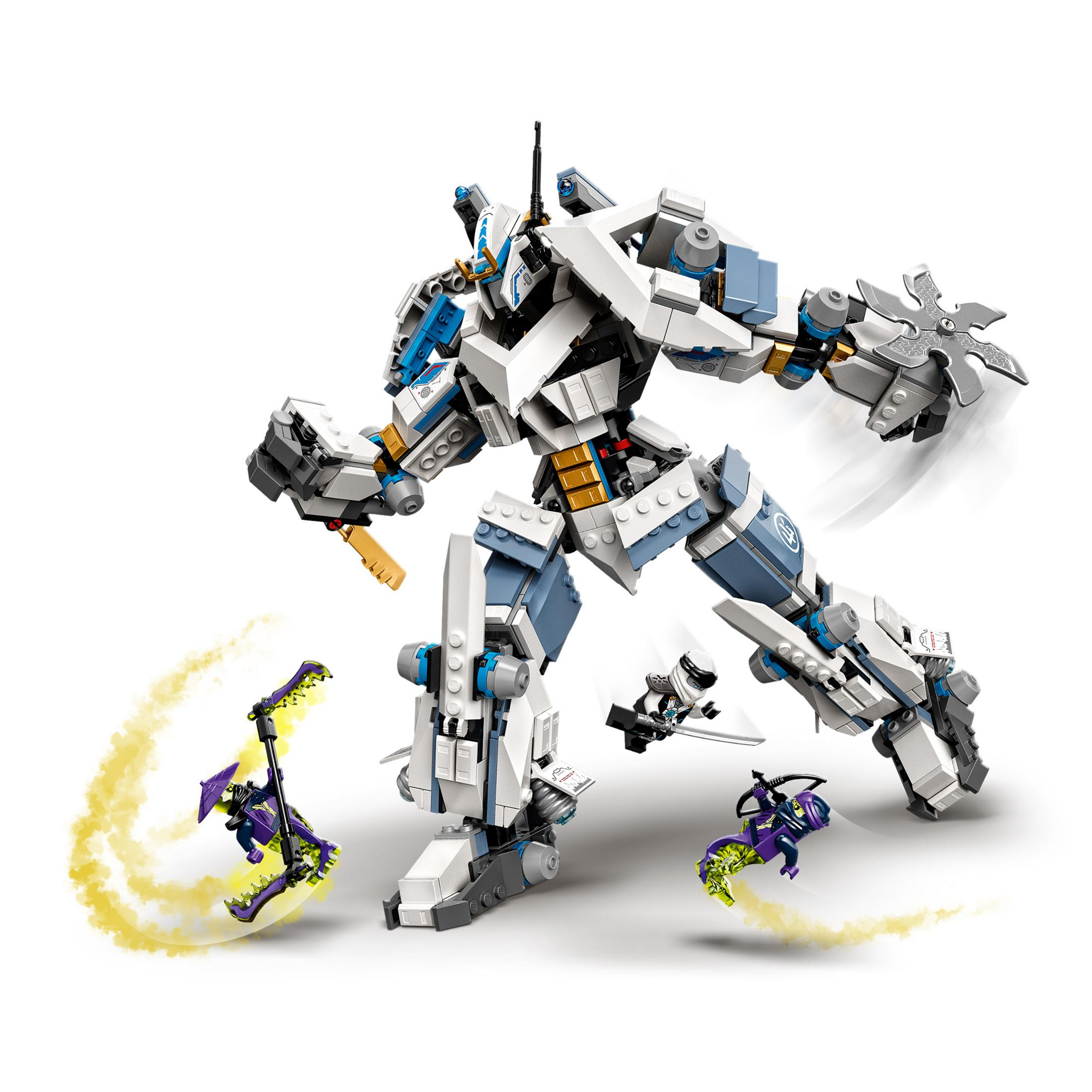 Lego Ninjago Set mit weißem Mech, Ninjas mit Waffen und Action-Effekten.