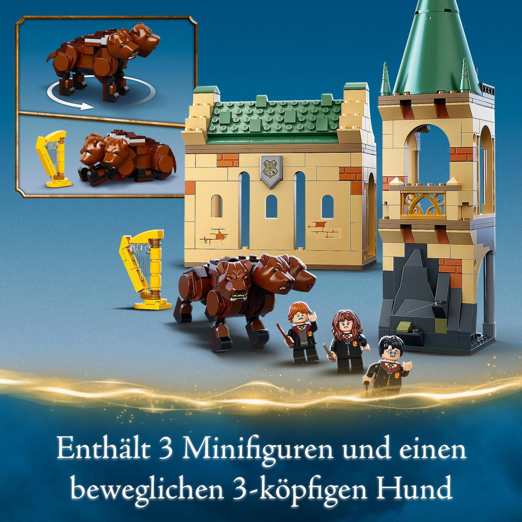 Set Lego con personaggi di Harry Potter e un cane a tre teste. Cane marrone, edificio e personaggi.