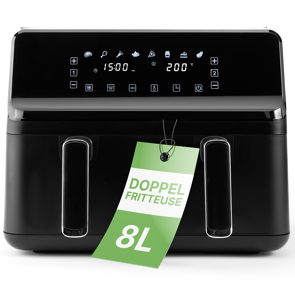 Czarna frytkownica powietrzna z wyświetlaczem cyfrowym, zielona etykieta z tekstem: 'DOPPEL FRITTEUSE' i '8L'.