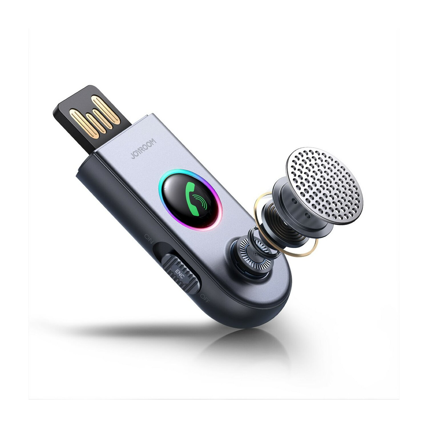 Ein silbernes USB-Bluetooth-Gerät mit Mikrofon.