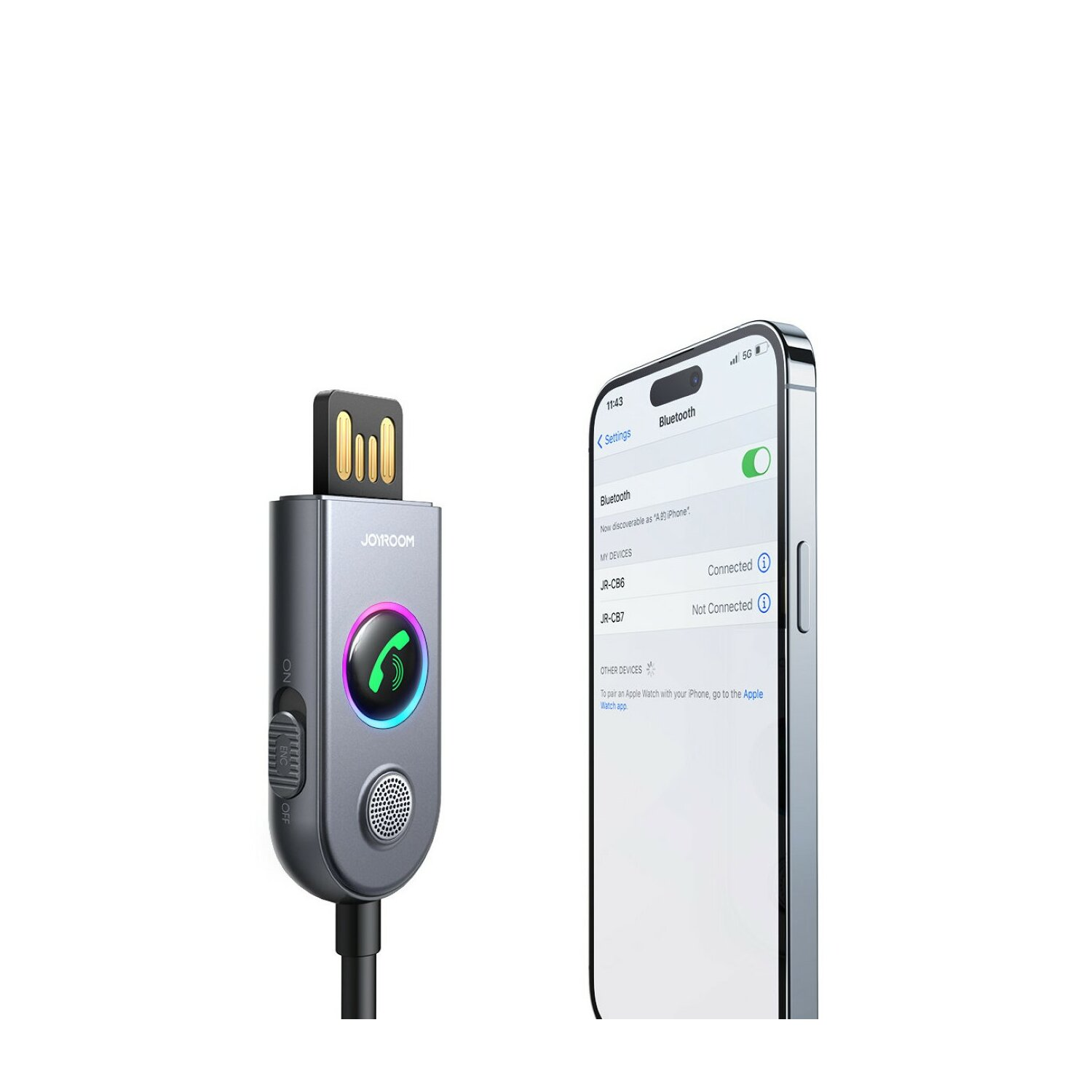 Ein USB-Bluetooth-Empfänger und ein Smartphone mit angezeigten Einstellungen werden auf weißem Hintergrund gezeigt.