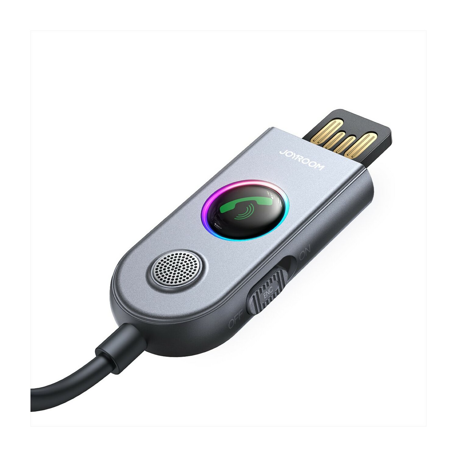 Grauer Joyroom USB-Anschluss mit Ruftaste und Lautstärkeregler. Schwarzes Kabel.