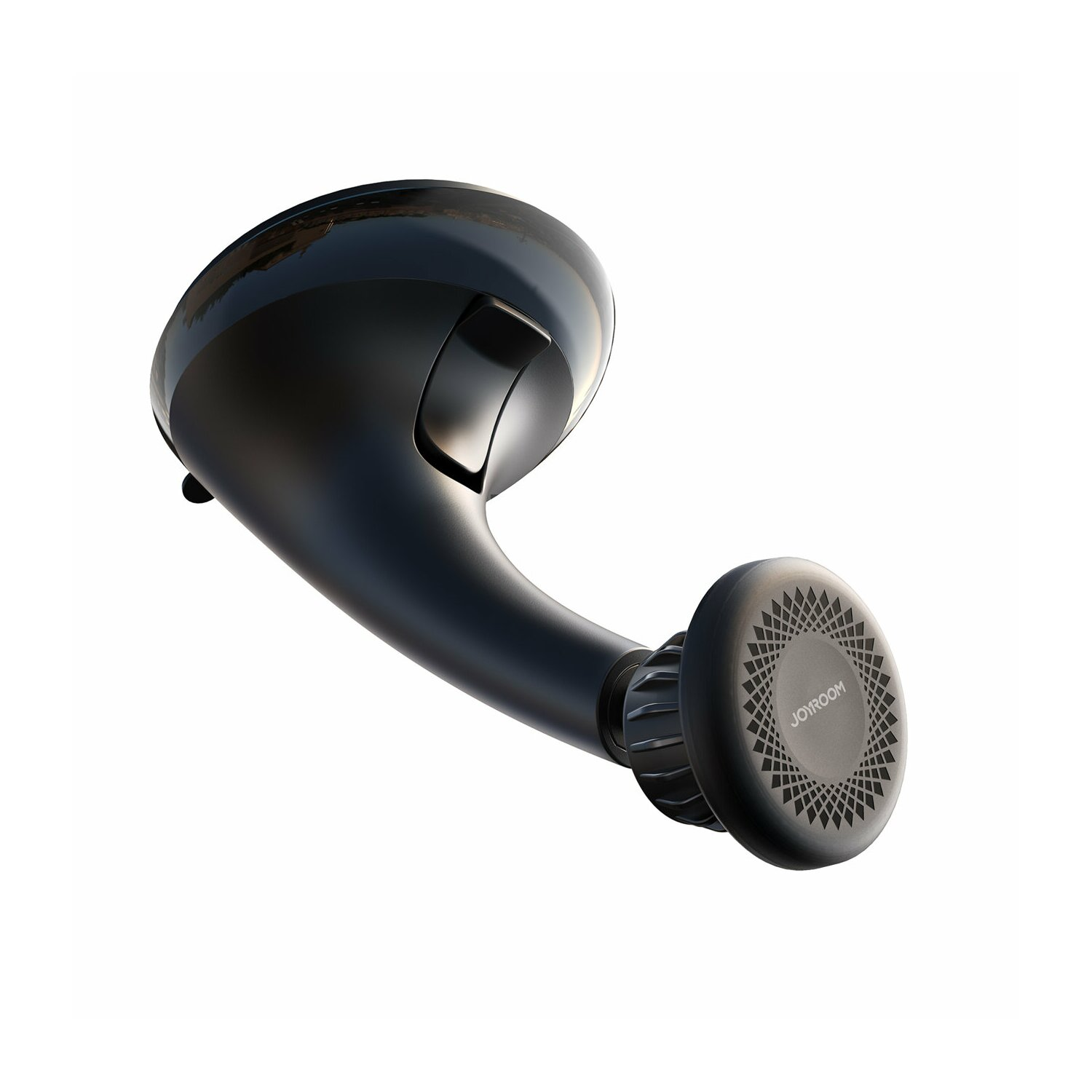 Czarny uchwyt samochodowy na telefon. Podstawa na przyssawkę, zakrzywione ramię i magnetyczny uchwyt na telefon.