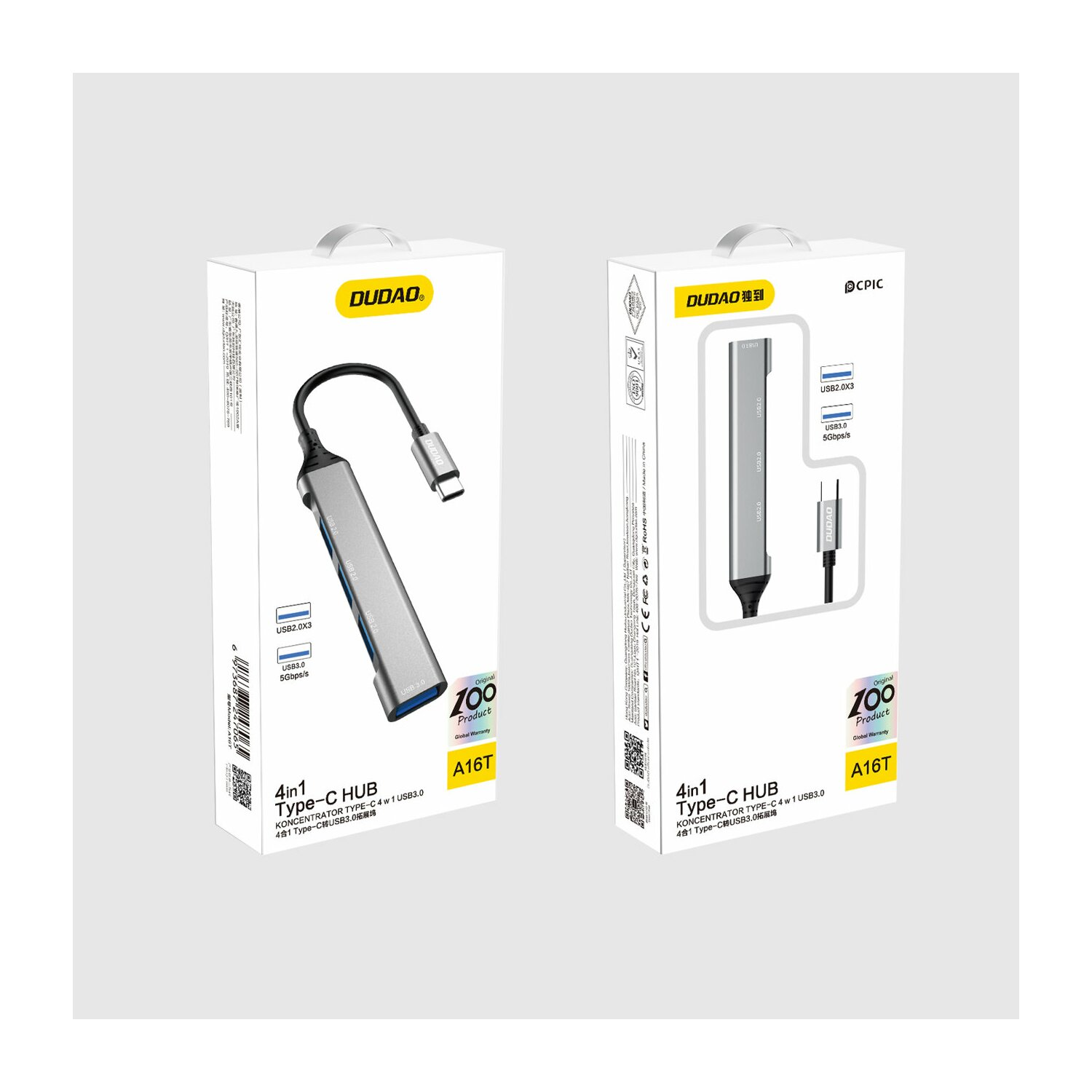 Due scatole di hub USB. Una ha un hub argentato e l'altra grigio. Entrambi hanno cavi.