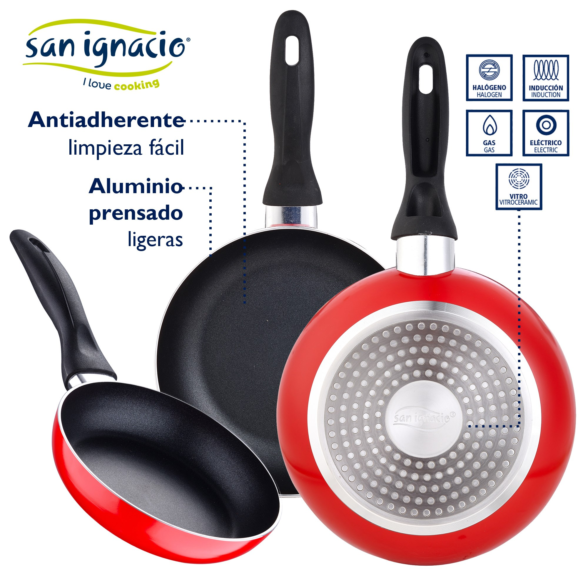Tres sartenes antiadherentes con mangos negros e interiores rojos y negros. Las sartenes están etiquetadas con iconos de métodos de cocción.