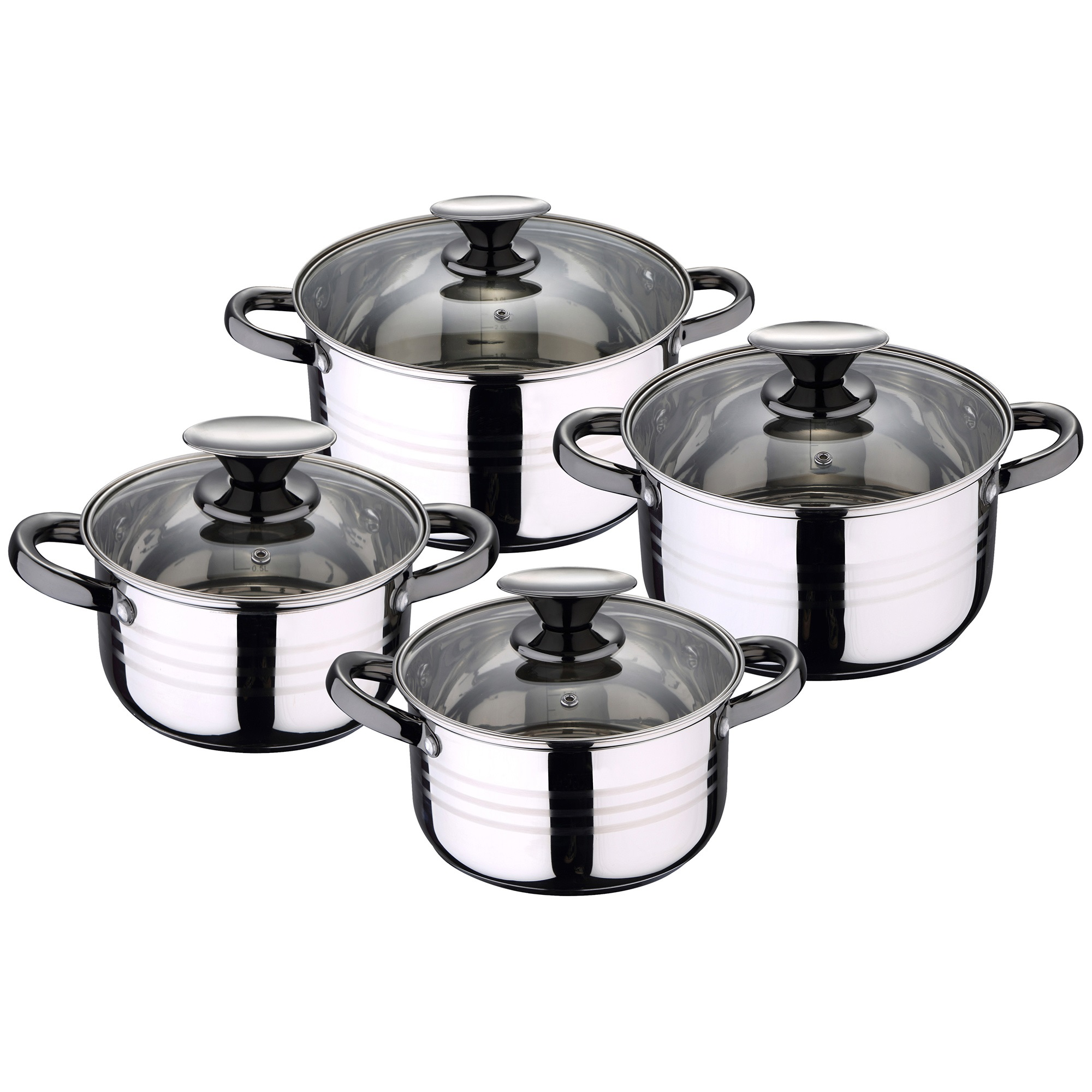 Conjunto de cuatro ollas de acero inoxidable plateado con tapas de vidrio y asas negras sobre fondo blanco.
