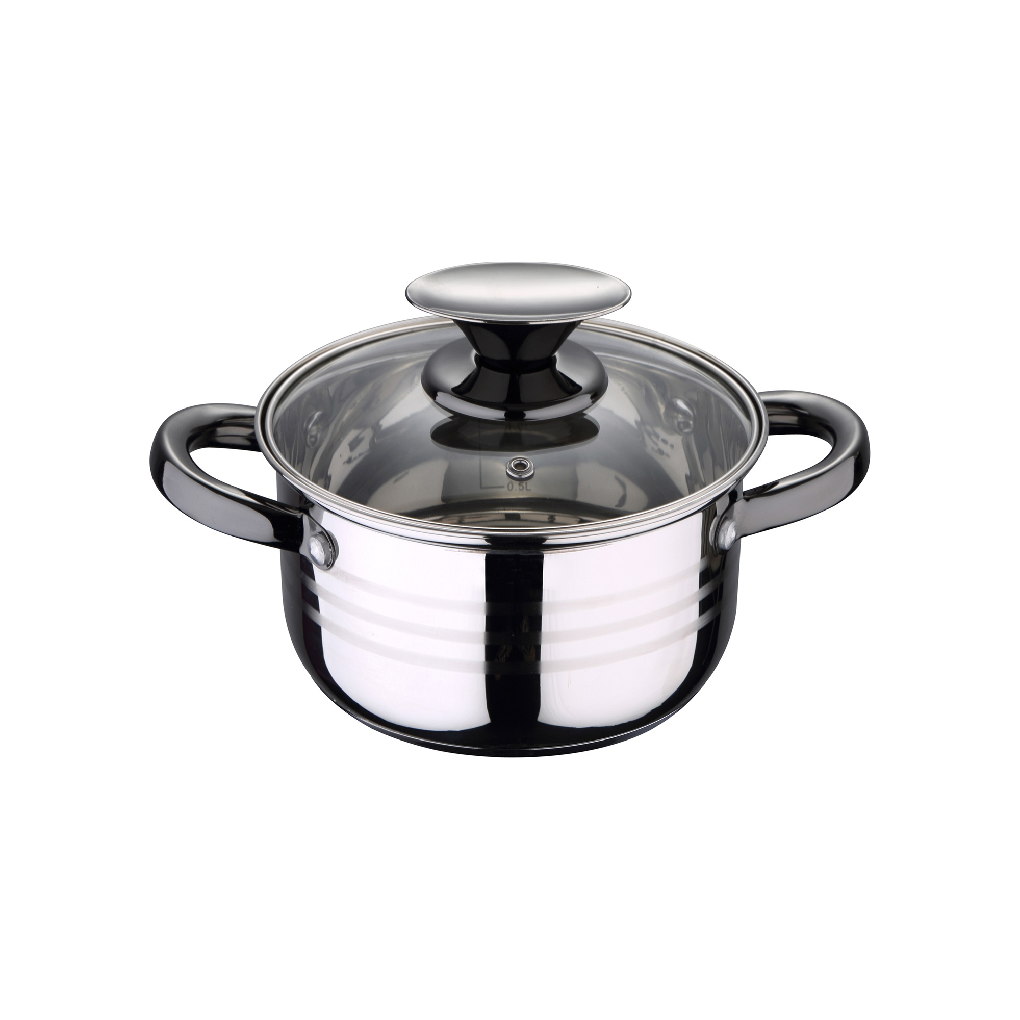 Una olla brillante de acero inoxidable con tapa de cristal y asas negras sobre un fondo blanco.