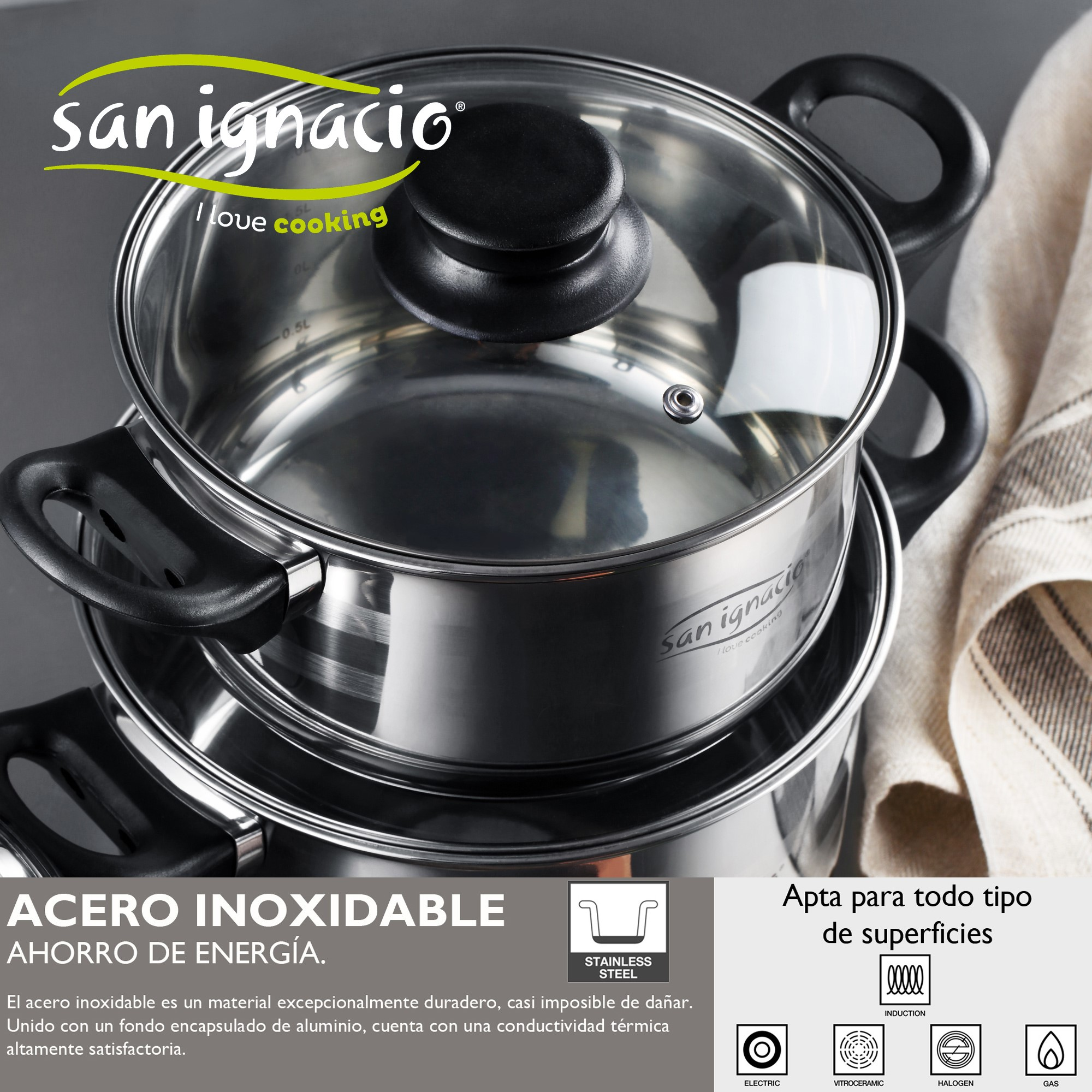 Ollas de cocina de acero inoxidable apiladas, con el logotipo de San Ignacio y texto sobre ahorro de energía.