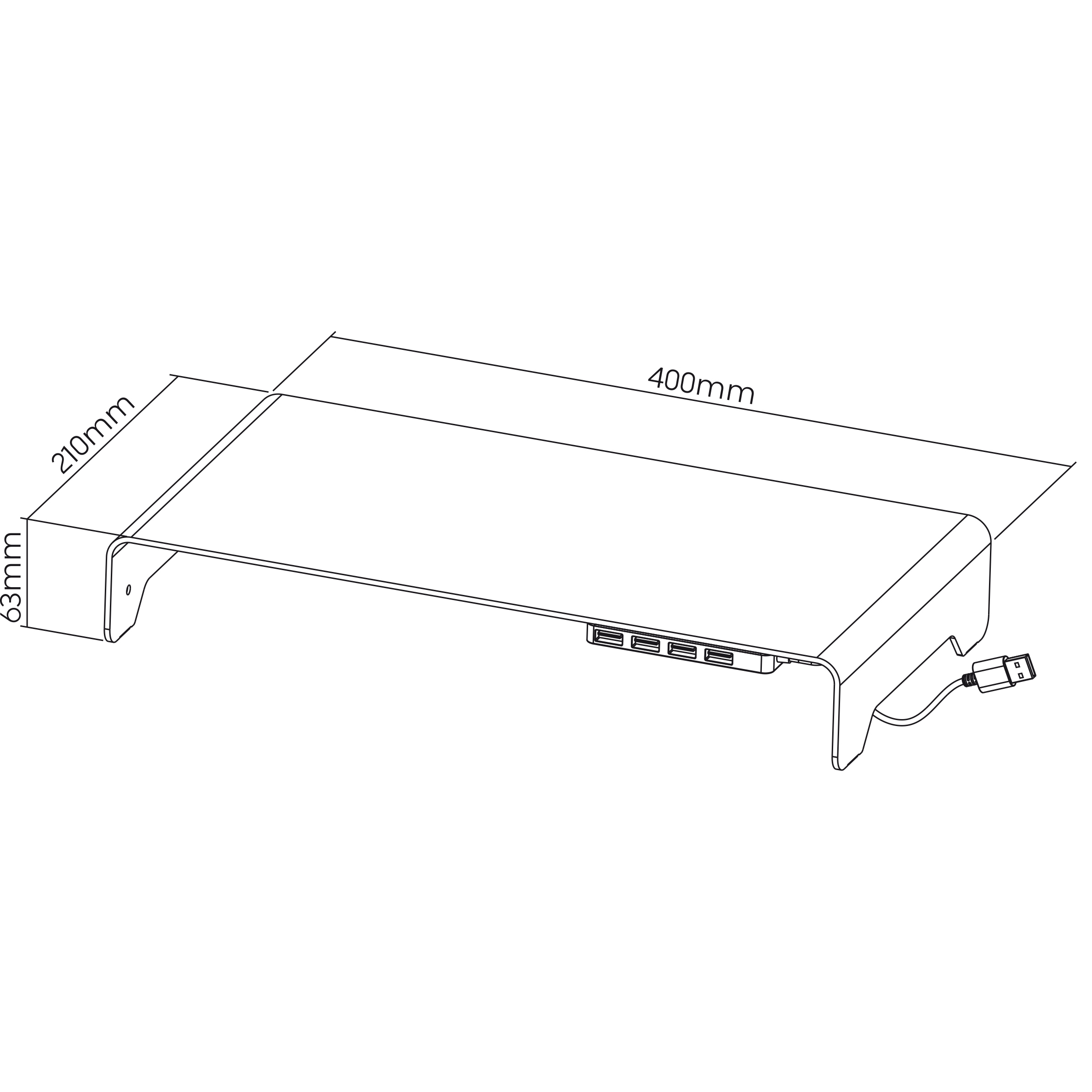 Monitorständer mit Abmessungen und USB-Anschlüssen.