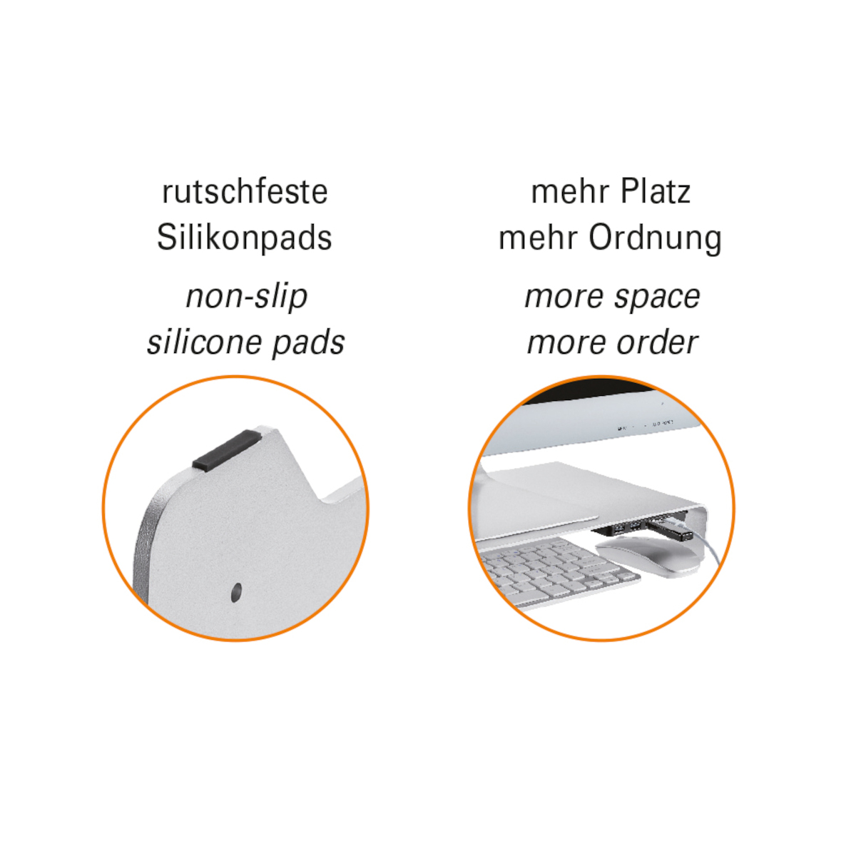 Zwei Bilder zeigen Silikonpads und einen Monitorständer mit deutschem Text: mehr Platz, mehr Ordnung.