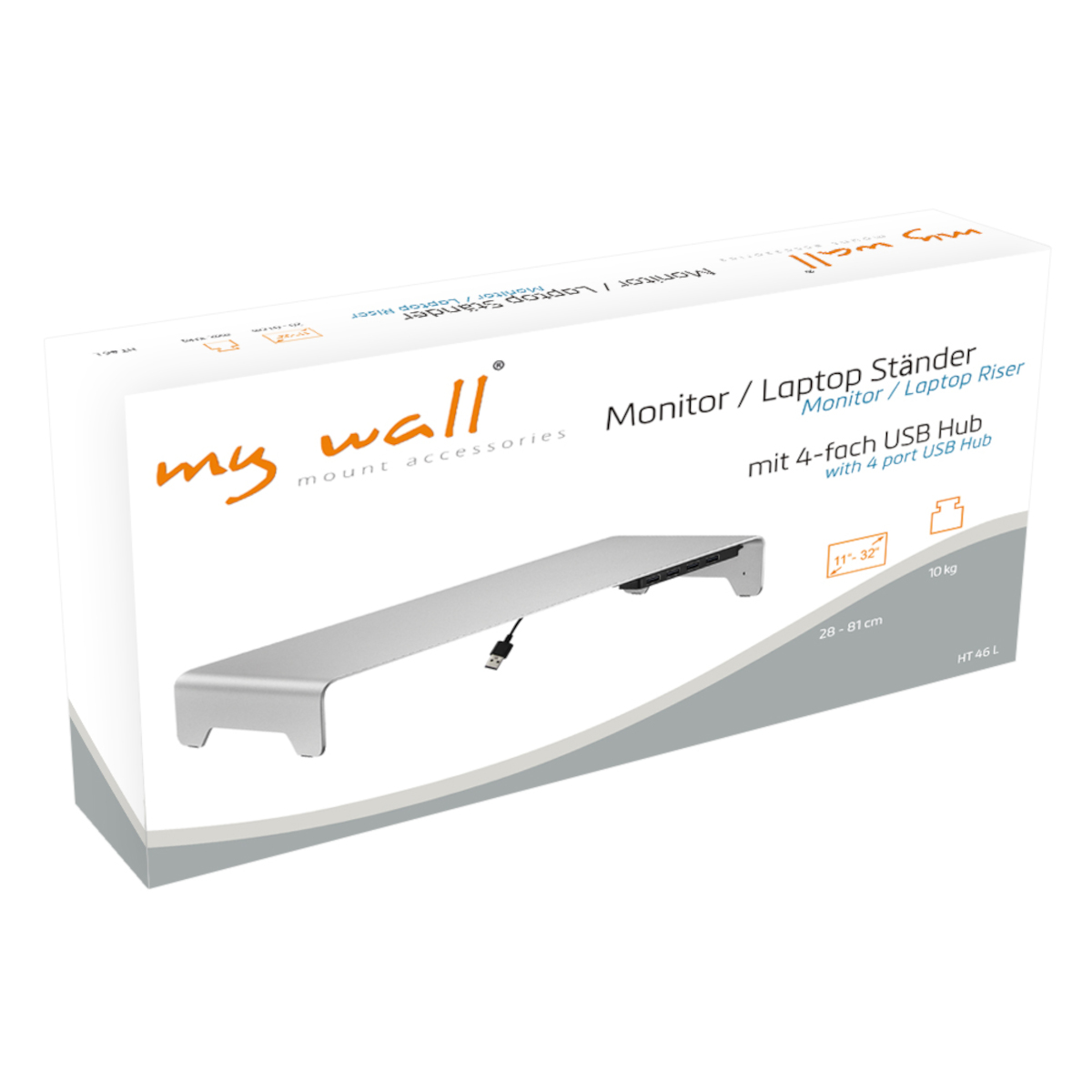 Verpackter Monitor-/Laptopständer mit USB-Hub. Der Ständer ist silberfarben. Die Box ist weiß.