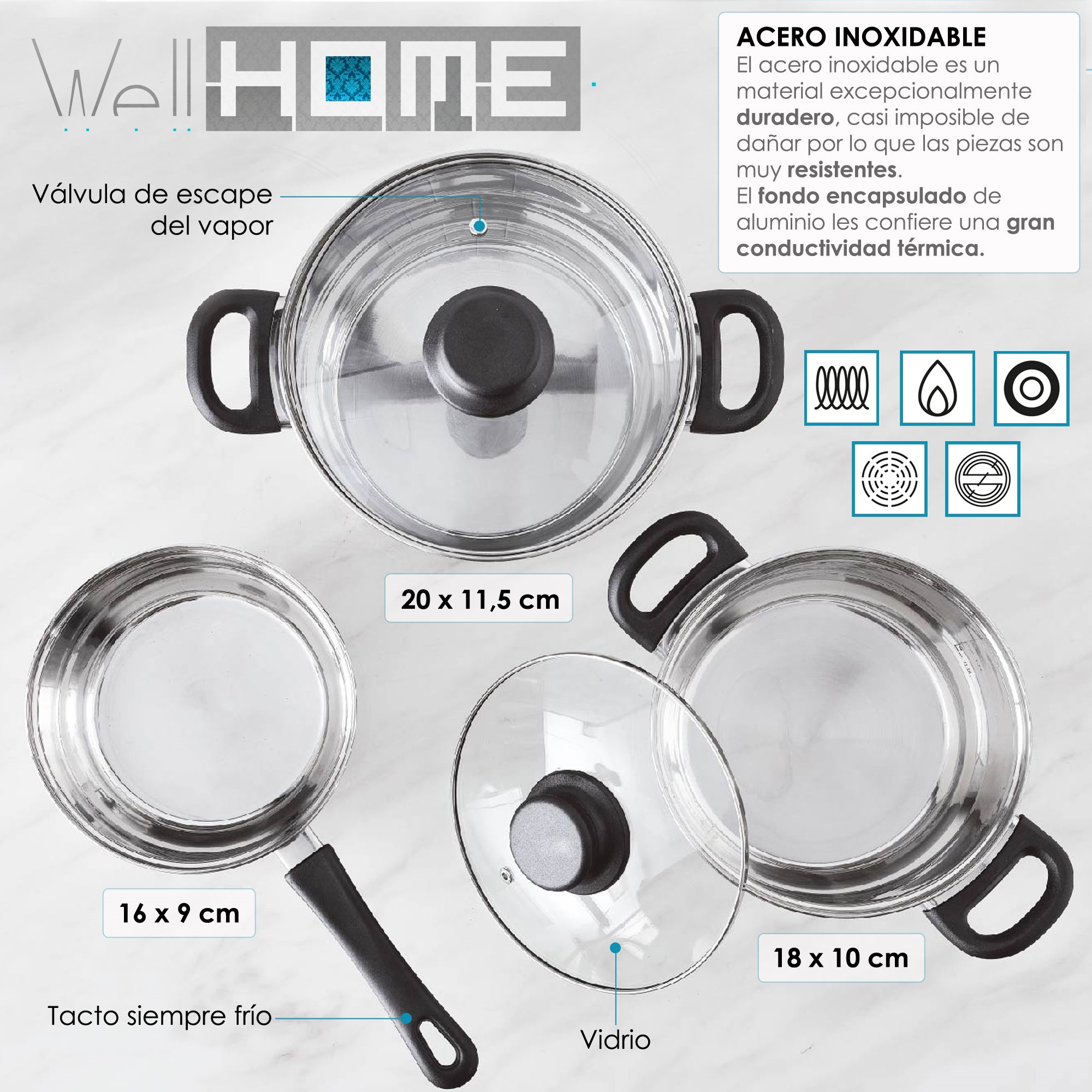 Juego de utensilios de cocina de acero inoxidable con tapas de vidrio. Incluye ollas y sartenes de diferentes tamaños.