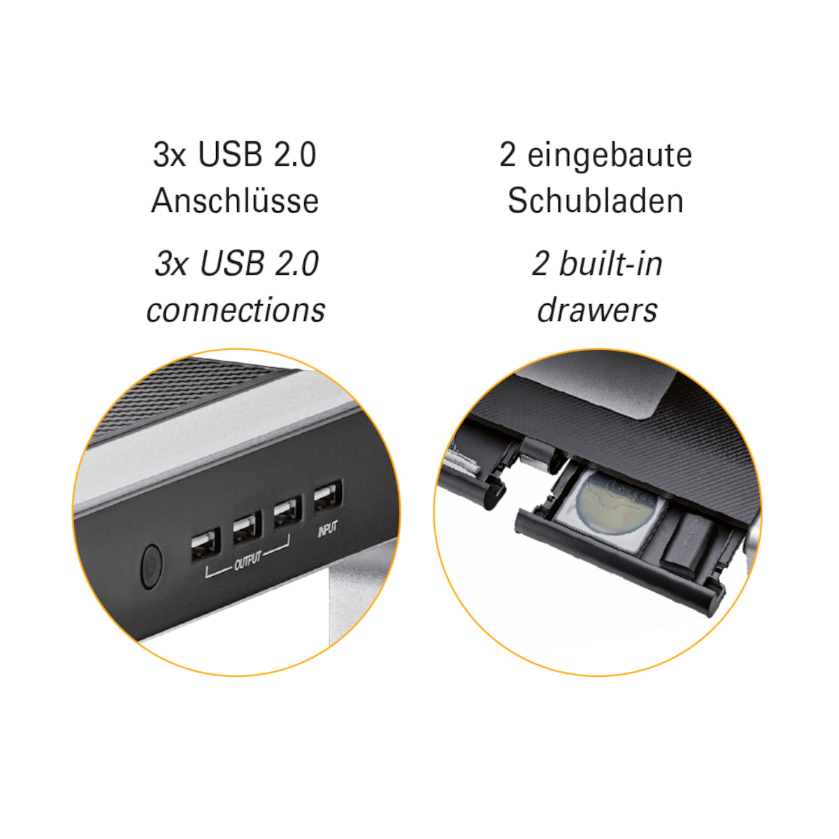 Details von USB-Anschlüssen und Schubladen an einem schwarzen Gerät.