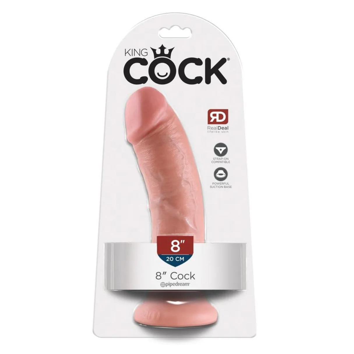 Ein rosa Dildo ist in einer durchsichtigen Plastikverpackung mit dem Markennamen 'King Cock' verpackt. Er hat 8 Zoll und einen Saugfuß.