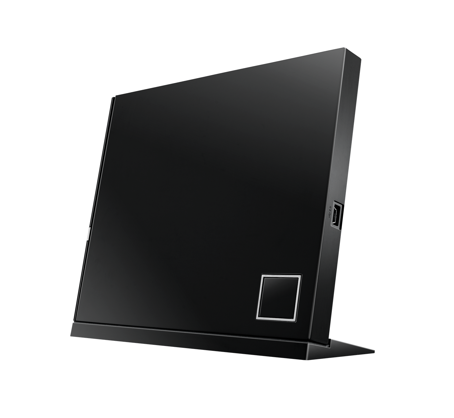 Czarne, kątowe urządzenie z małym kwadratem z przodu, na czarnym tle.