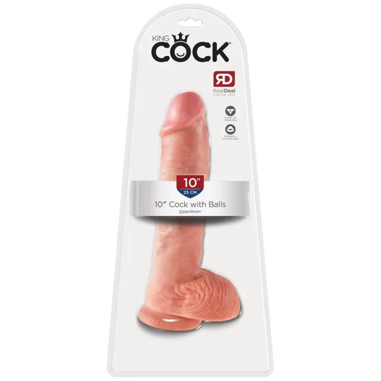 Ein rosafarbener, realistisch aussehender Sexspielzeug in der Verpackung. Es ist ein 10 Zoll langer Dildo mit Hoden, der als 'King Cock' mit 'RealDeal' gekennzeichnet ist.