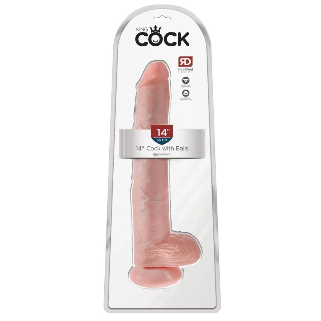 Ein rosafarbener Dildo in einer durchsichtigen Plastikverpackung. Text enthält 'King Cock', '14" Cock with Balls' und Markenlogos.