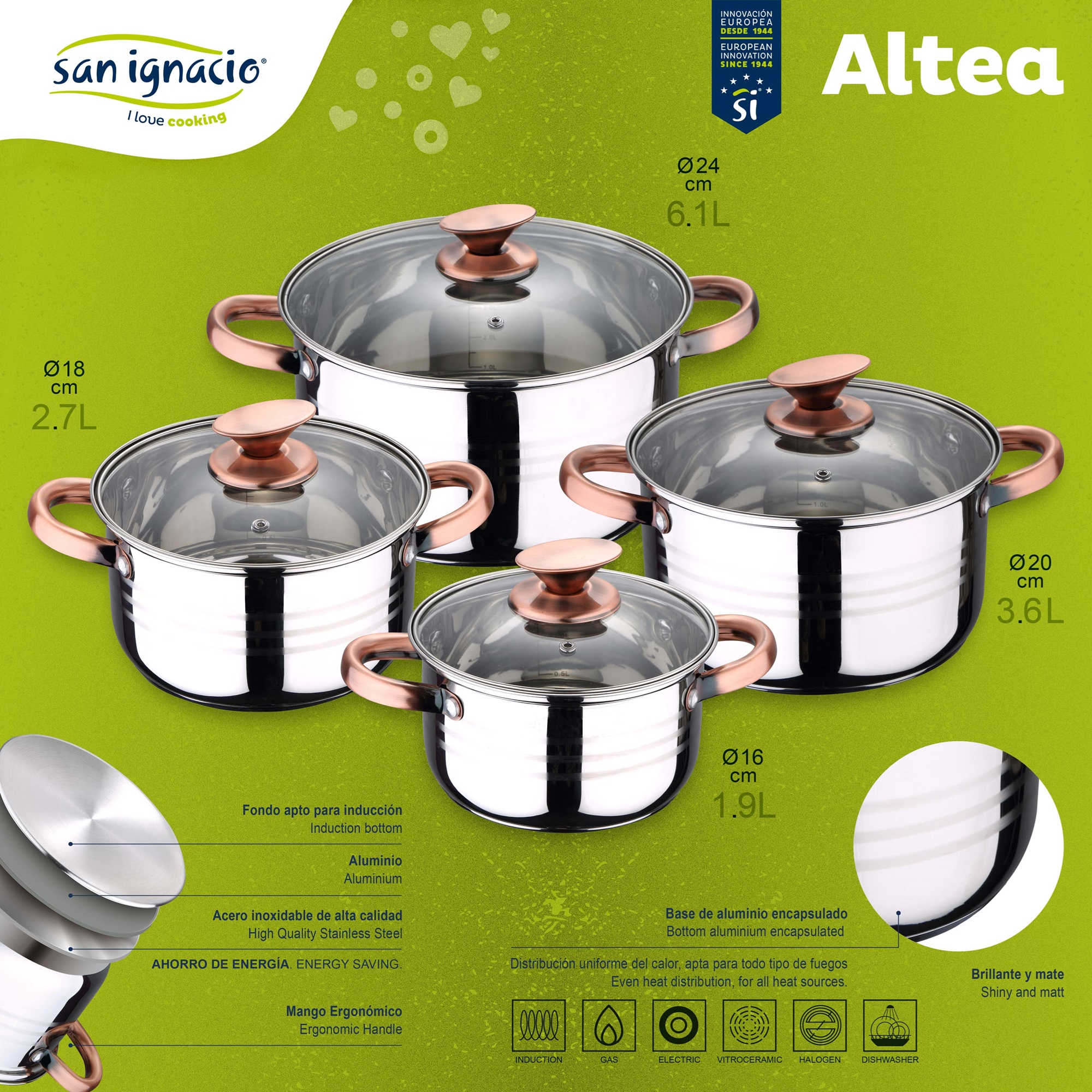 Set de cuatro ollas de acero inoxidable con asas de cobre y tapas de cristal.