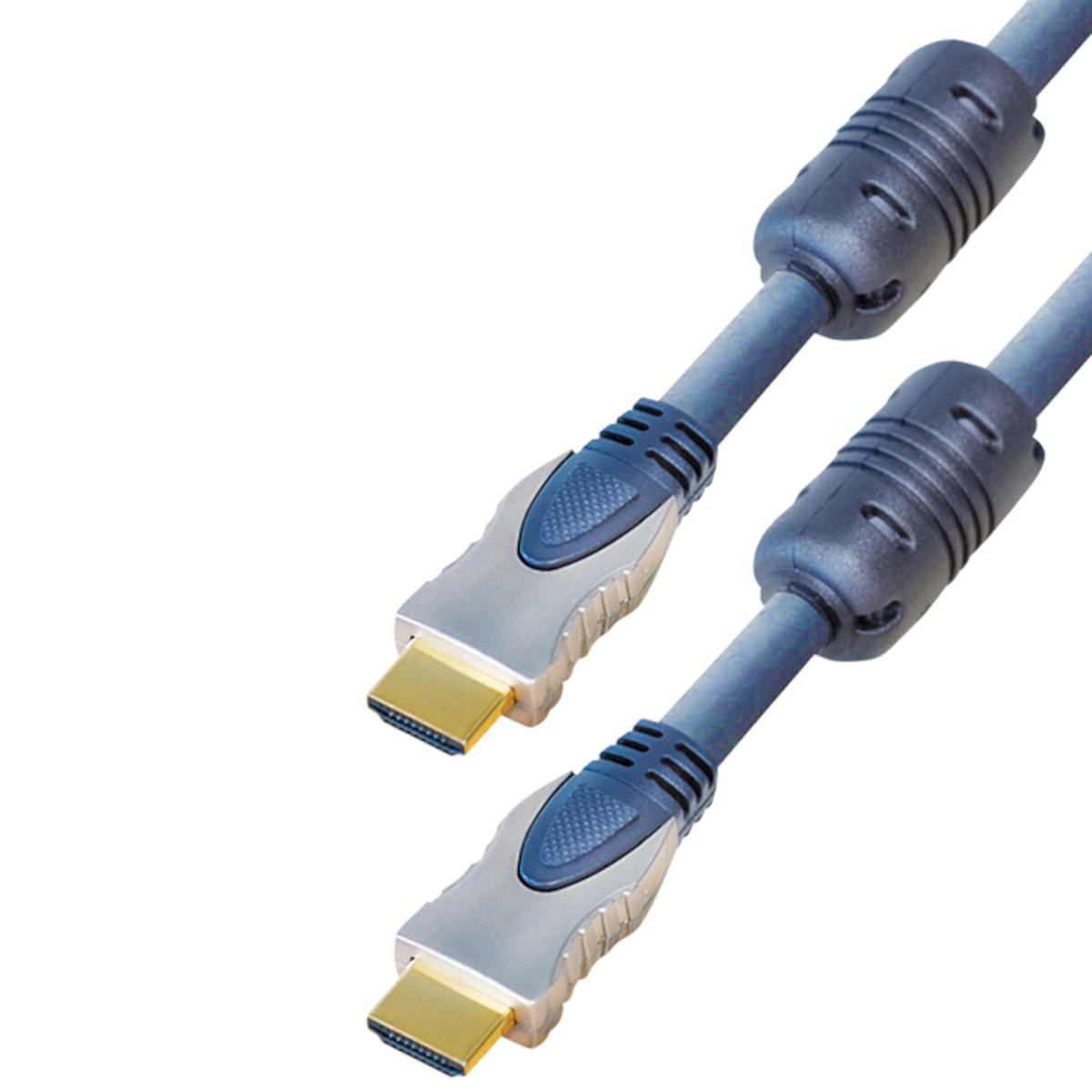 Zwei HDMI-Kabel mit Goldsteckern, vor weißem Hintergrund.
