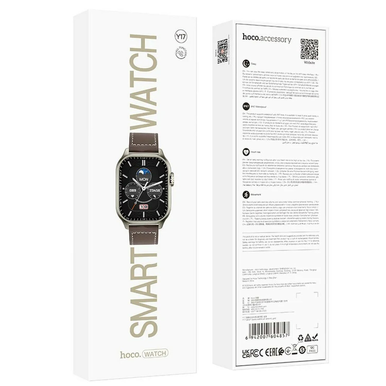 Eine Smartwatch-Box mit Text und einem Uhrenbild auf weißer Oberfläche, die das Zifferblatt zeigt.