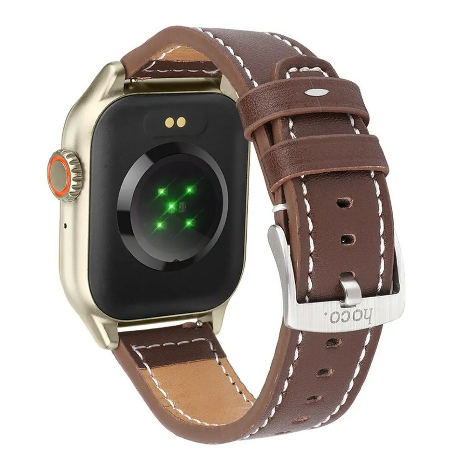 Eine Smartwatch, braunes Lederarmband, Rückseite zeigt grünen Lichtsensor und Hoco-Logo.