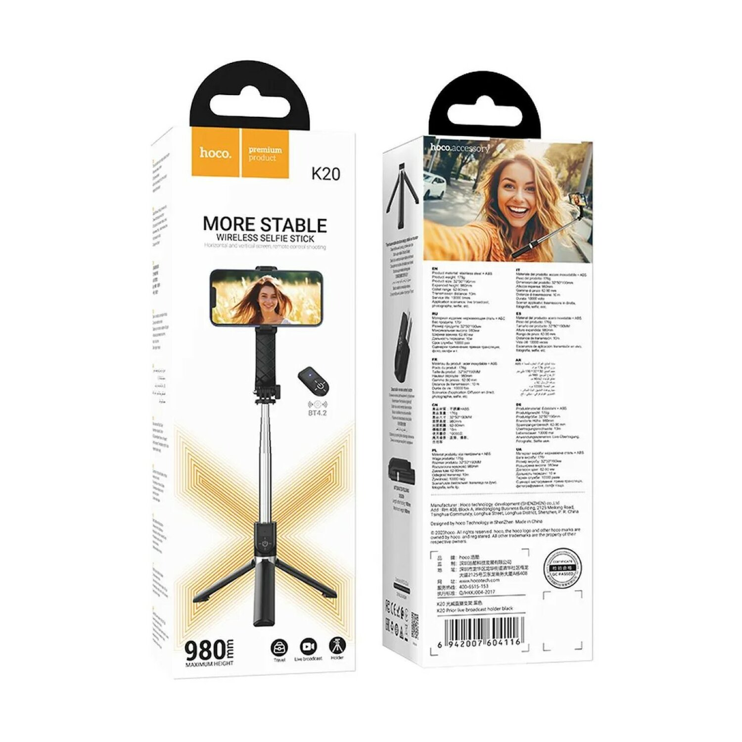 Ein Selfie-Stick-Kit mit Telefon und Fernbedienung, mit Verpackung.