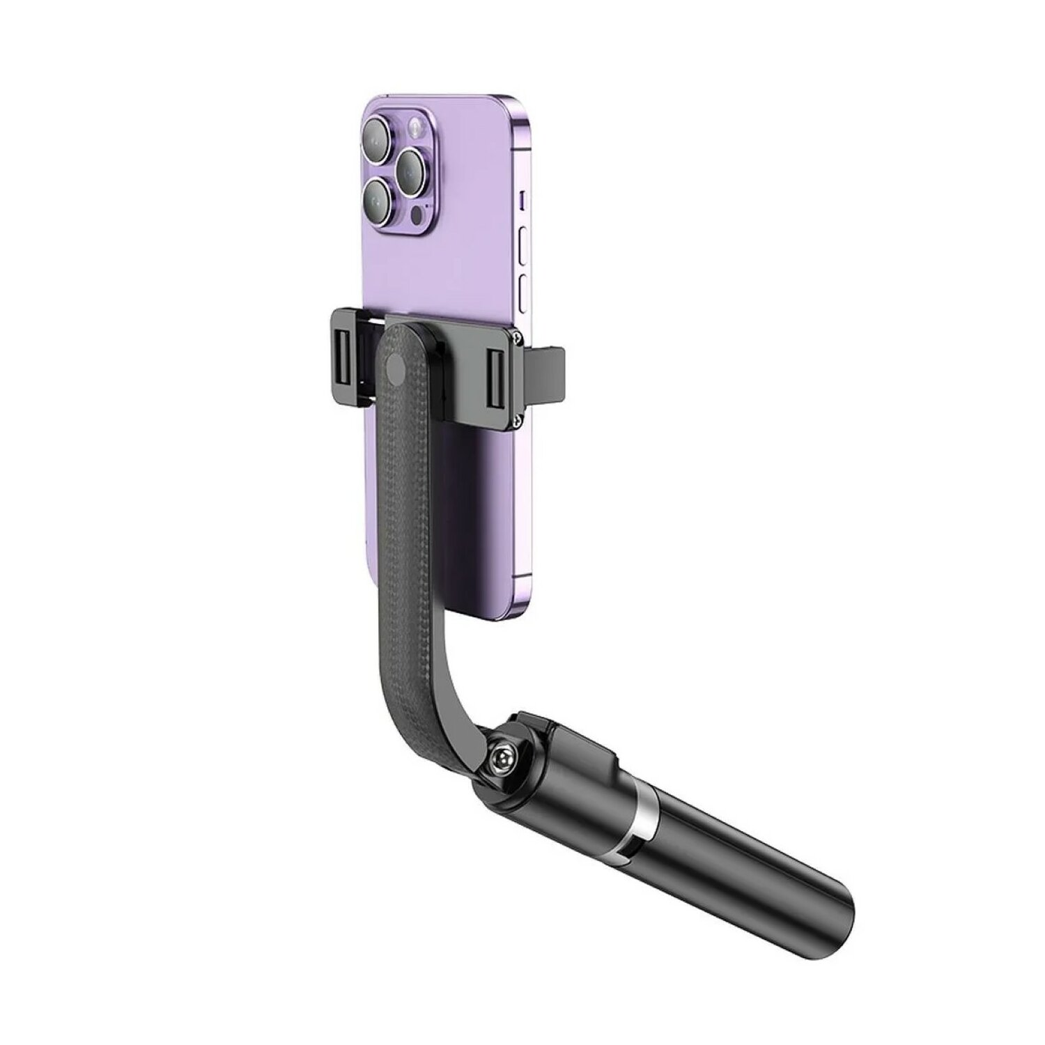 Ein lila Smartphone ist an einem schwarzen Selfie-Stick befestigt, mit einem gebogenen Arm und einem Griff.