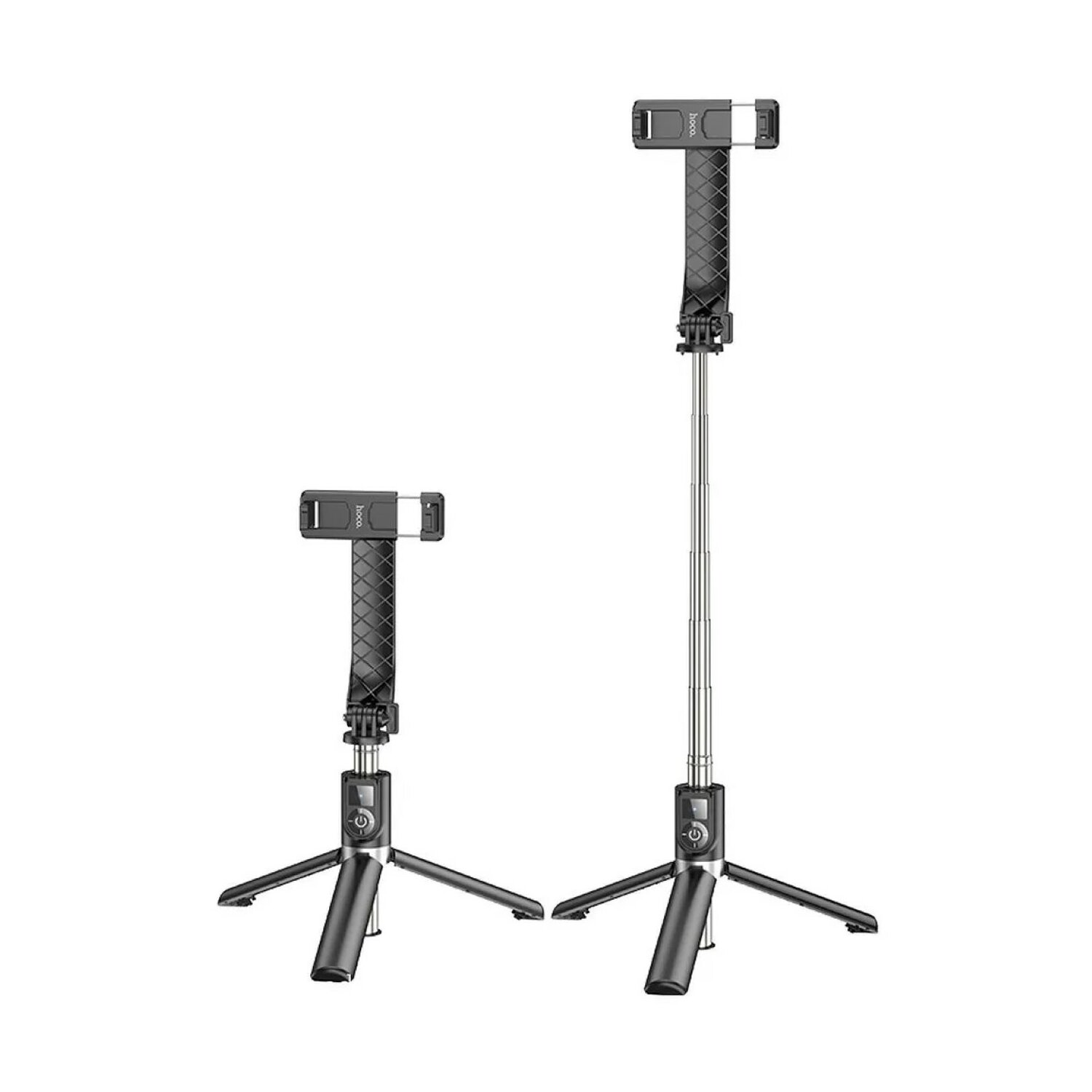 Zwei schwarze Selfie-Sticks, einer ausgefahren, einer zusammengeklappt, beide mit Stativfuß, vor weißem Hintergrund.