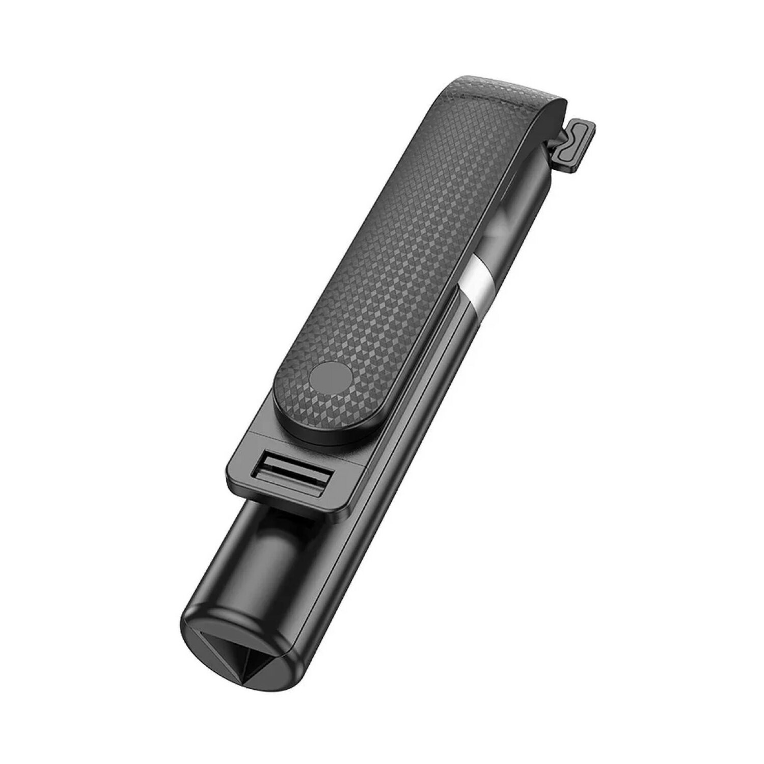 Schwarzer Selfie-Stick, geschlossen, mit USB-Anschluss und gemustertem Griff.