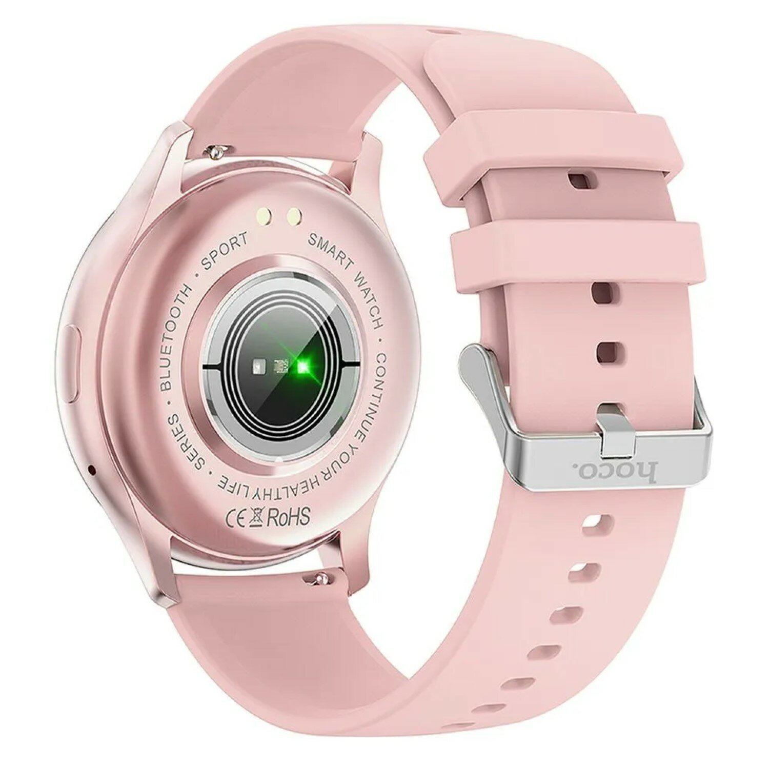 Eine rosa Smartwatch mit rosa Armband, zeigt die Rückseite.