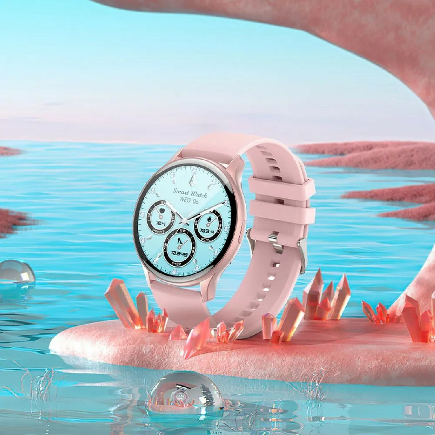 Rosa Smartwatch auf einer rosa Plattform. Die Uhr zeigt Tag und Uhrzeit. Der Hintergrund ist blaues Wasser.