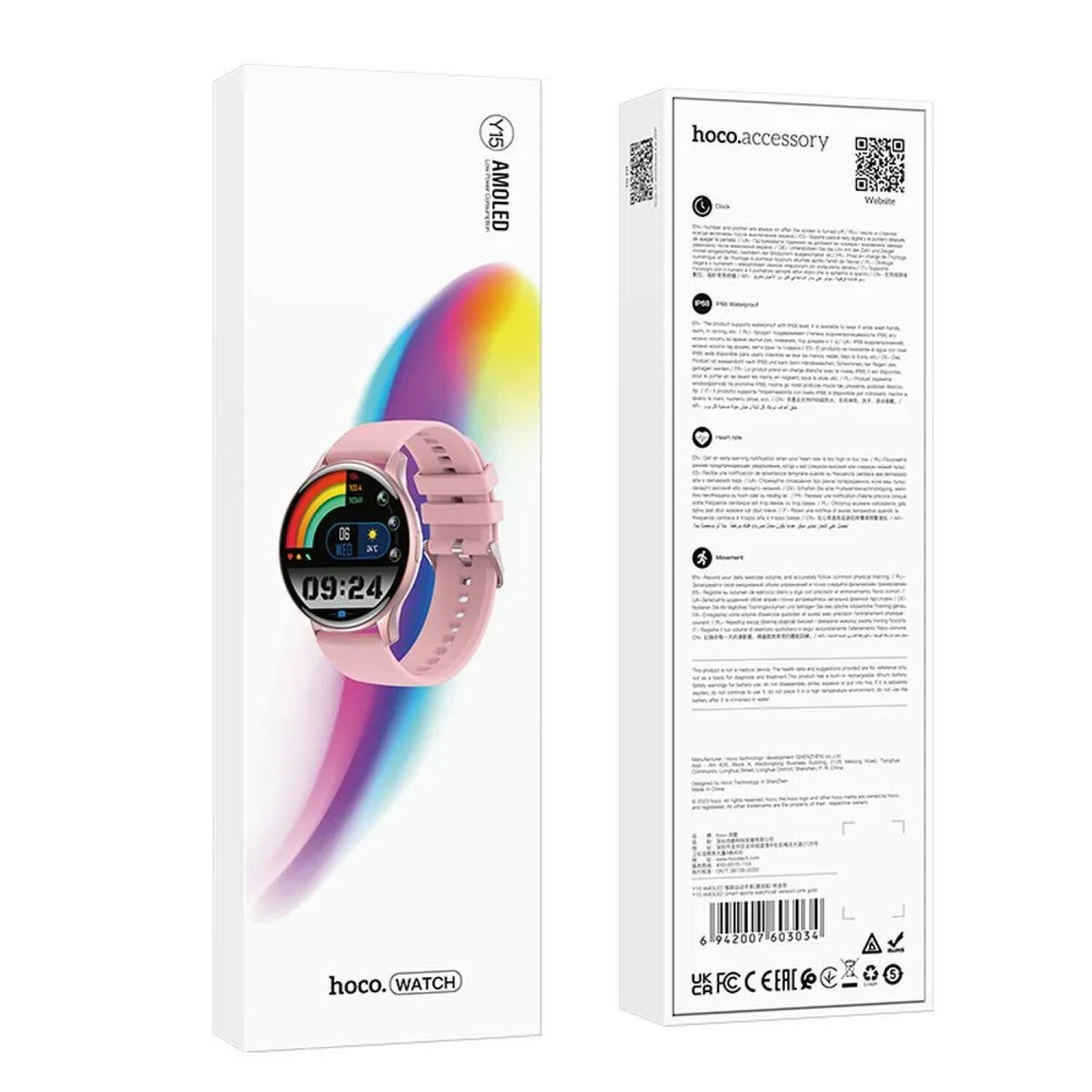 Eine rosa Smartwatch mit rosa Armband, liegend neben der Verpackung. Die Verpackung ist weiß mit Text.