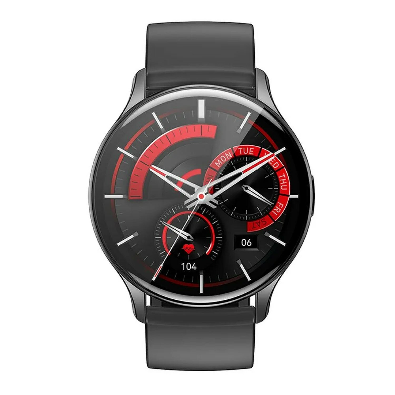 Smartwatch nero con display rotondo. Accenti rossi sul quadrante, cinturino nero.