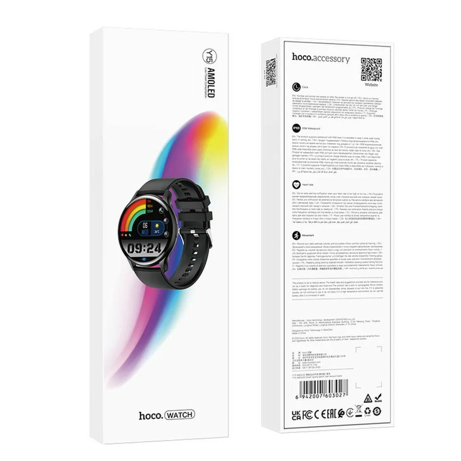 Una scatola bianca con uno smartwatch che mostra l'ora e una sfumatura arcobaleno. La scatola ha dettagli del prodotto.